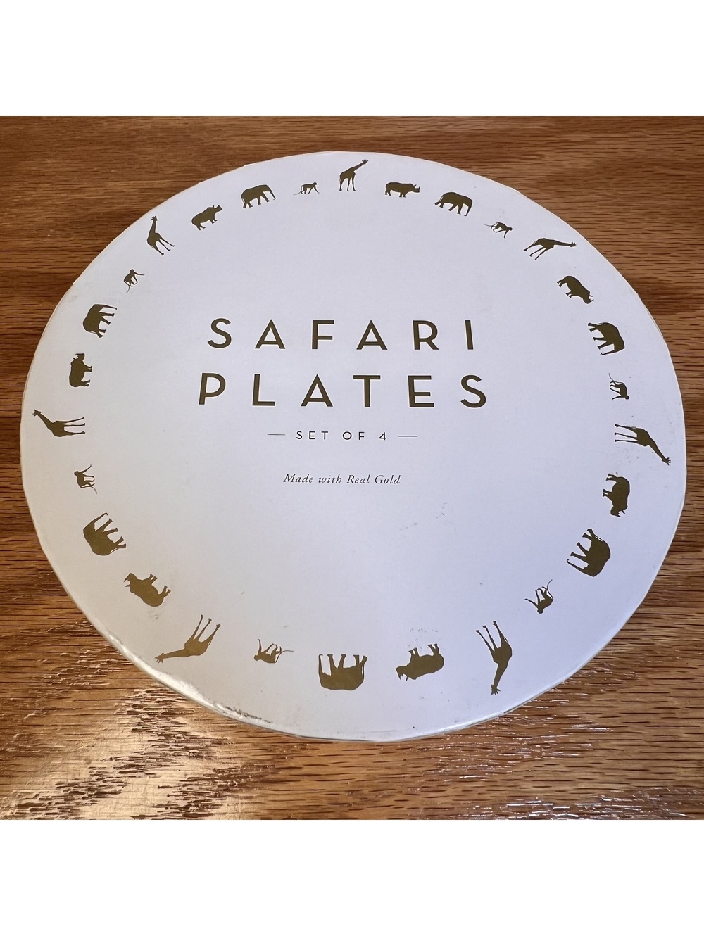 Set of 4 Safari Animal Plates with Real Gold Trim in Round Box